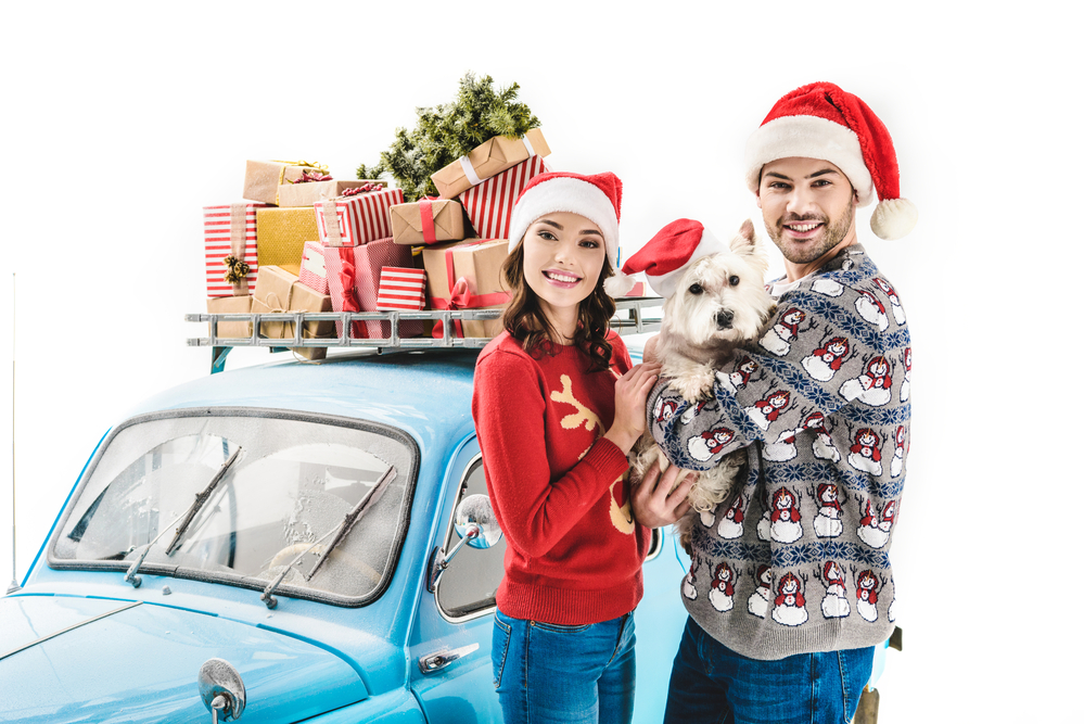 Couple dressed for the holidays with dog